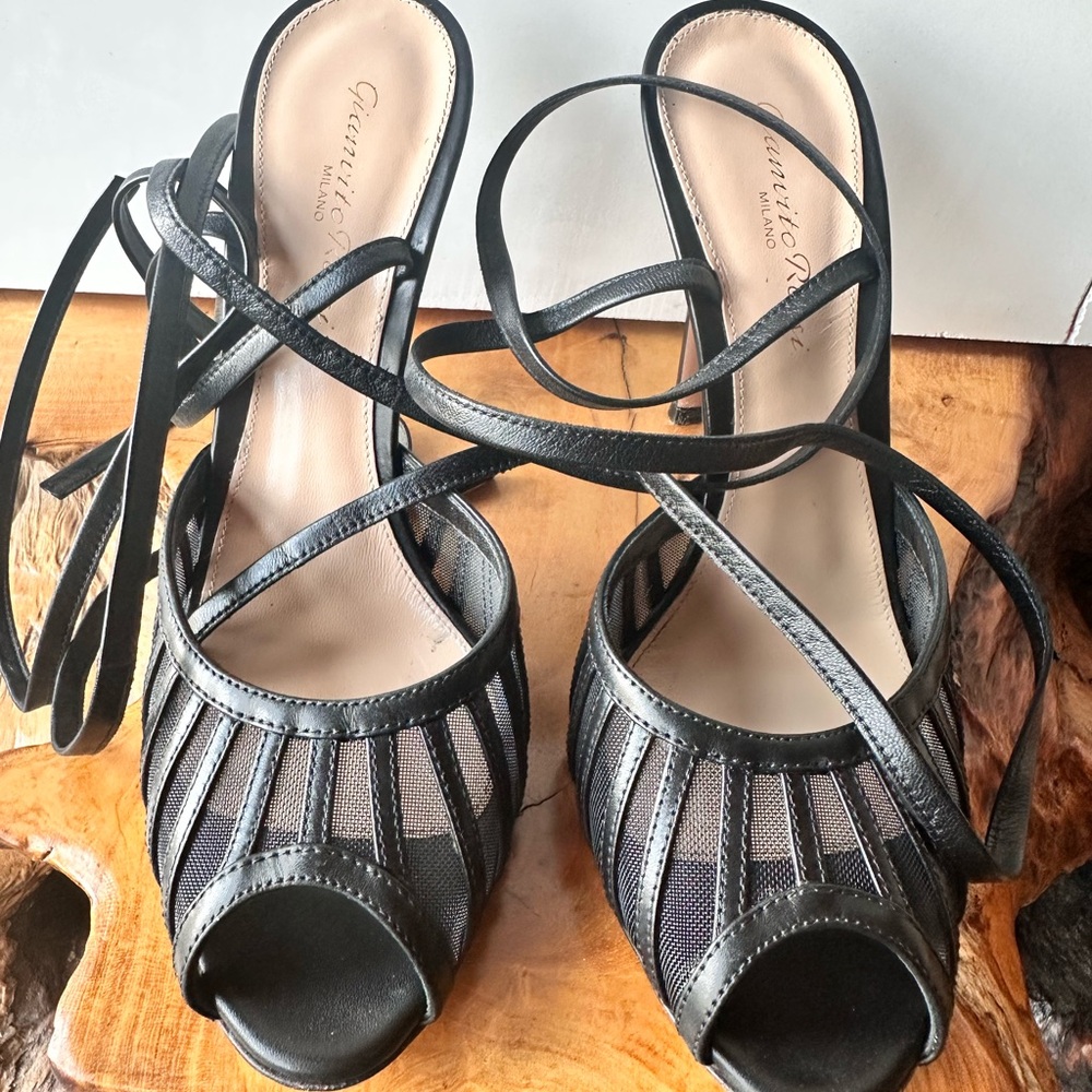 Gianvito Rossi Black Mesh Strappy Heels